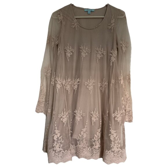 She + Sky Beige Lace Sheer Overlay Sleeveless Dress WhimsyBoho Fairycore Sz Sm - Picture 1 of 10